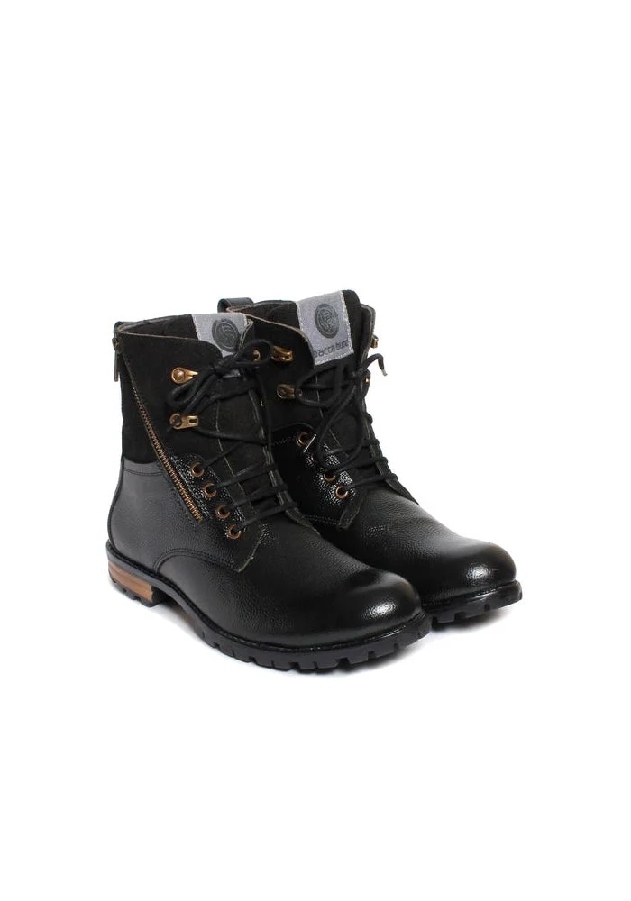 باكا بوتشي أحذية رجالية سوداء جلدية عالية الرقبة مسطحة